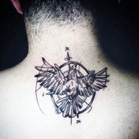 Scientific style black ink little bird tattoo on upper back