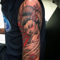 Seductive colored big beautiful shoulder tattoo of geisha