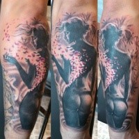 Seductive multicolored forearm tattoo of naked woman with butterflies