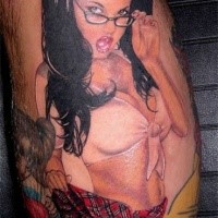 Seductive pin up brunette school girl in glasses colored tattoo on calf in realism style