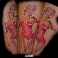Seductive sexy Merlin Monroe in short red dress colored photo like tattoo in realism style