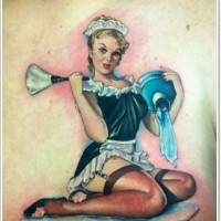 Seductive sexy pin up maid girl 3D realistic colored chest tattoo