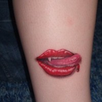 Seductive vampire tongue liking red lips with bloody drop realistic tattoo on ankle in 3D style