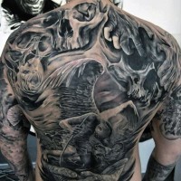Sentimental crying angel and human hands massive mystical realistic whole back tattoo