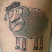 Severe gray sheep in cap tattoo on shin