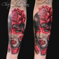 Sexy colored forearm tattoo of woman portrait with roses