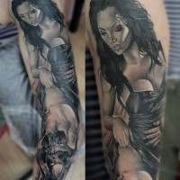 Sexy looking colored sleeve tattoo of seductive woman with skull