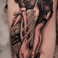 Sexy maid in a casino tattoo on thigh by Jacob Pedersen