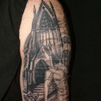 Sharp black ink Silent Hill themed tattoo on shoulder with monster nurse