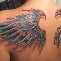 Sharp colored designed 3D realistic feather wings tattoo on upper back