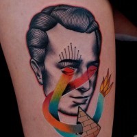 Sharp designed and colored stupid portrait tattoo on thigh