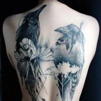 realistico progettato dipinto inchiostro nero due  corvi tatuaggio pieno di schiena
