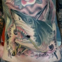 incredibile disegno dipinto colorato squallo agganciato tatuaggio pieno di schiena