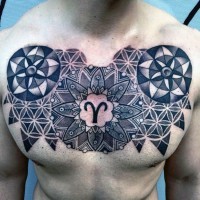 Sharp designed big black ink floral ornaments with zodiac symbol tattoo on chest