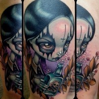 Sharp painted colorful evil girl with poison bottle tattoo on arm