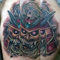 Sharp painted multicolored demonic samurai mask tattoo stylized with roped skull