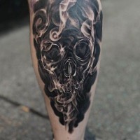 Sharp painted unique transparent skull tattoo on leg with smoke