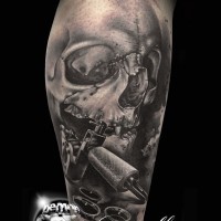 Sharp tattoo master dedicated very detailed tattoo on leg with skeleton