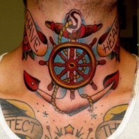 Ship wheel and anchor tattoo on throat