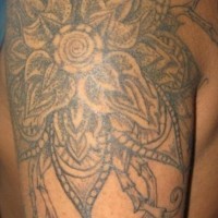 Shoulder tattoo, big,black , strange, designed flower
