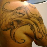 Shoulder tattoo, big, fat, gray octopus