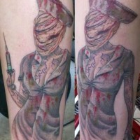Silent Hill nurse with shot bloody and creepy colored tattoo in horror movie style