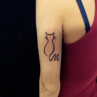 Silhouette cat one black line tattoo on arm