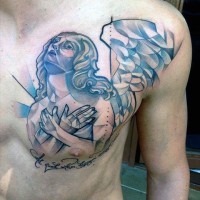 Einfacher im abstrakten Stil farbiger Engel mit Schriftzug Tattoo an der Brust