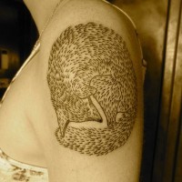 Simple black ink homemade fox tattoo on upper arm