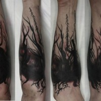 Simple black ink mystical big forest tattoo on arm