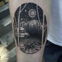 Simple black ink oval shaped tattoo stylized with night sky and camping ...