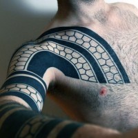 Simple black ink Polynesian style tattoo on sleeve and chest