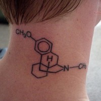 Simple black ink tiny neck tattoo of chemistry formula