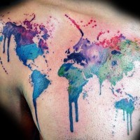 Simple carelessly painted watercolor chest tattoo of world map