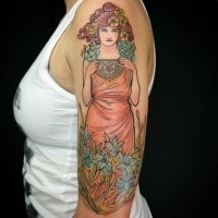 Einfache farbige im illustrativen Stil Frau mit Blumen Tattoo an der Schulter