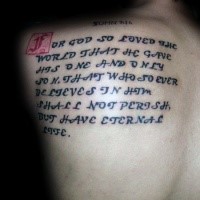 Simple colored scapular tattoo of medieval lettering