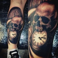 Simple combine colored skull with pocket clock tattoo on leg