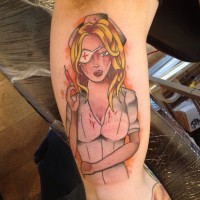 Simple comic books like colored zombie nurse tattoo on arm