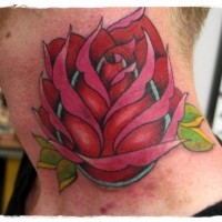 Simple designed and colored little rose tattoo on neck