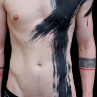 Simple designed and painted big black ink cross shaped tattoo on whole chest and waist