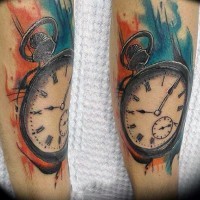 Simple designed big colored pocket clock tattoo on arm