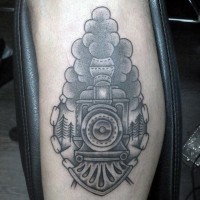 Simple designed black and white old train tattoo on arm