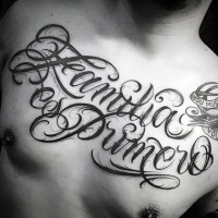 Simple designed black ink big lettering tattoo on chest