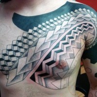 Simple designed massive black and white old tribal tattoo on chest
