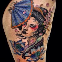 Simple designed usual painted colored thigh tattoo of Asian geisha and flowers