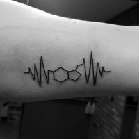 Tatuaje en el antebrazo,
latido cardíaco con hexágono, líneas finas negras