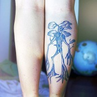 Simple homemade blue colored Ent tattoo on leg