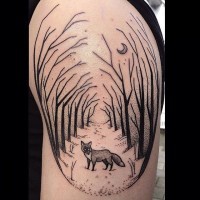 Simple homemade like black ink fox in night forest shoulder tattoo