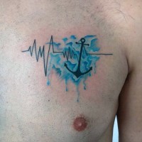 Simple homemade like black ink heart rhythm with anchor tattoo on chest
