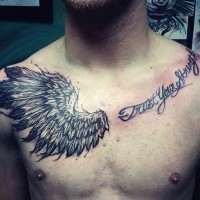 Simple homemade like black ink wing with lettering tattoo on chest